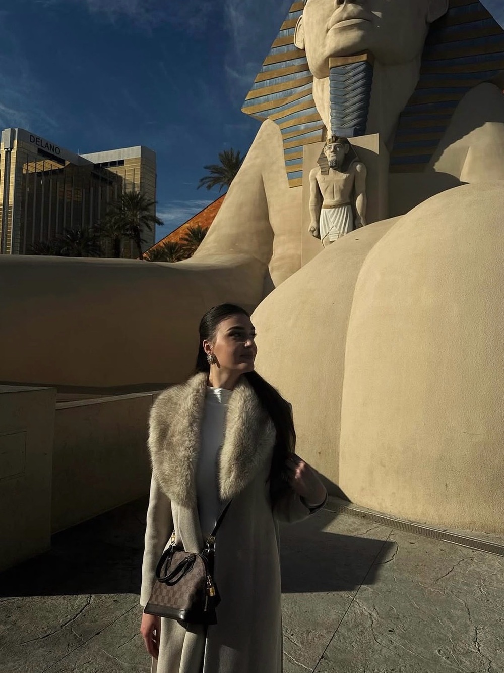 Mango Cream Long Pea Coat with Fur Collar